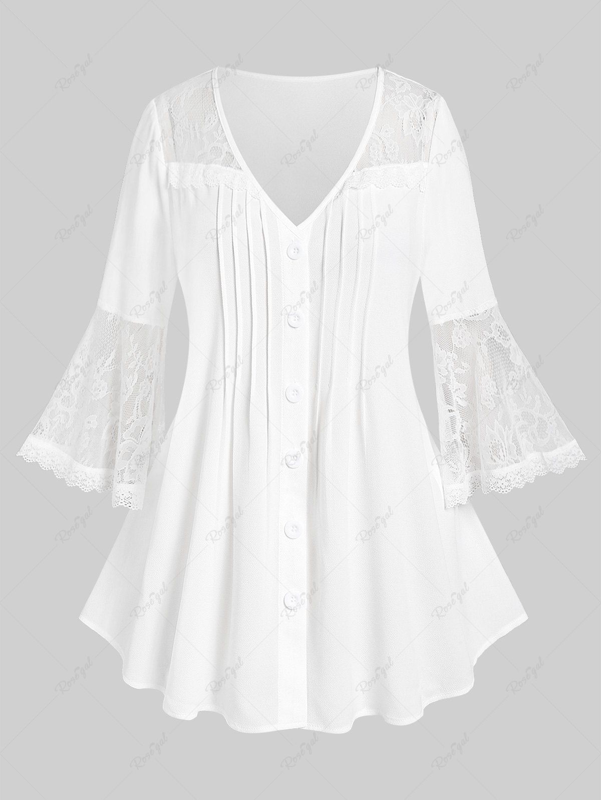 Shops Plus Size Lace Panel Pleated Bell Sleeves Shirt  