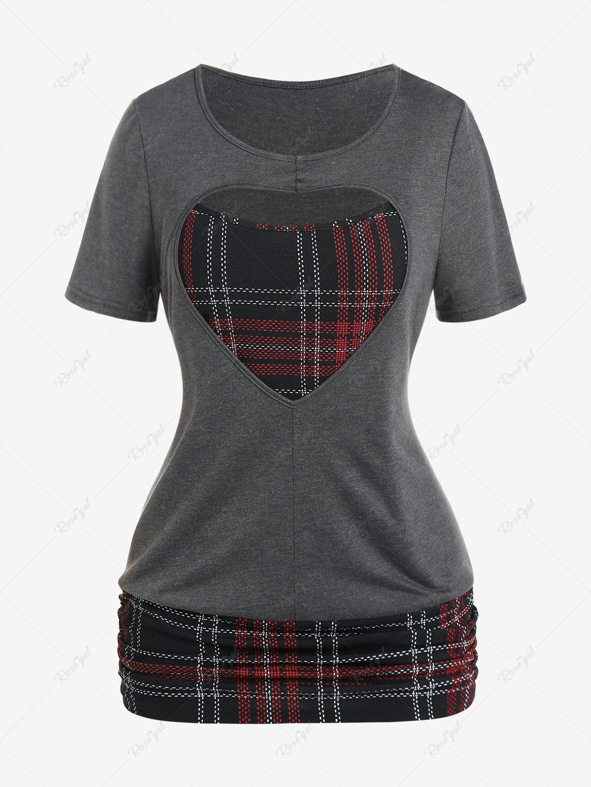 Hot Plus Size Heart Cutout Plaid Short Sleeves 2 in 1 Tee  