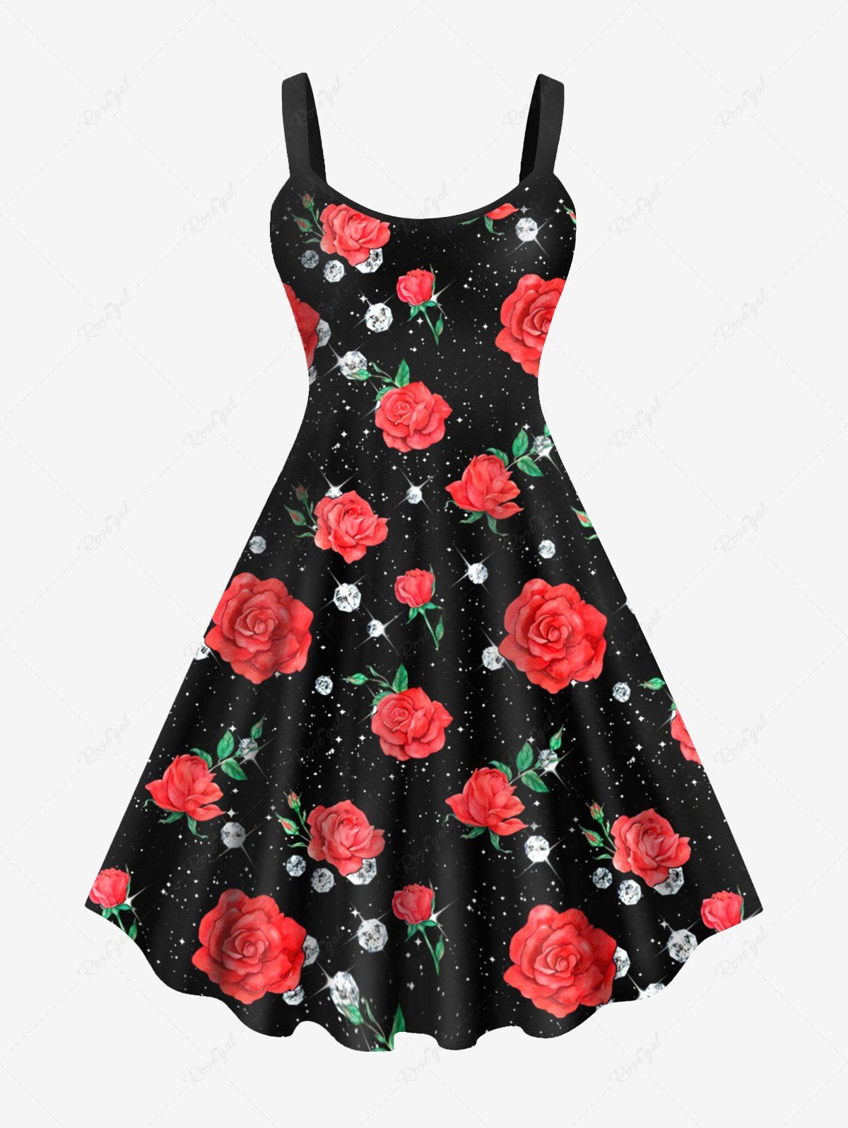 Shop Plus Size Valentines 3D Diamond Rose Printed Sleeveless Dress  