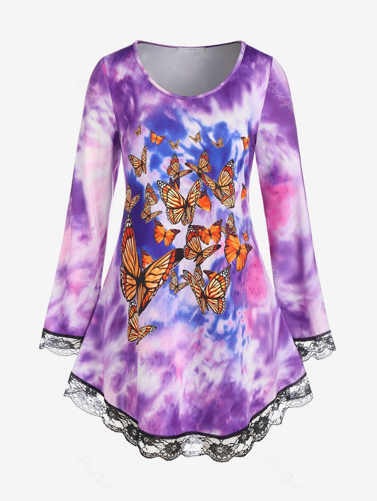 Store Plus Size Tie Dye Butterfly Print Lace Hem Long Sleeve Tee  