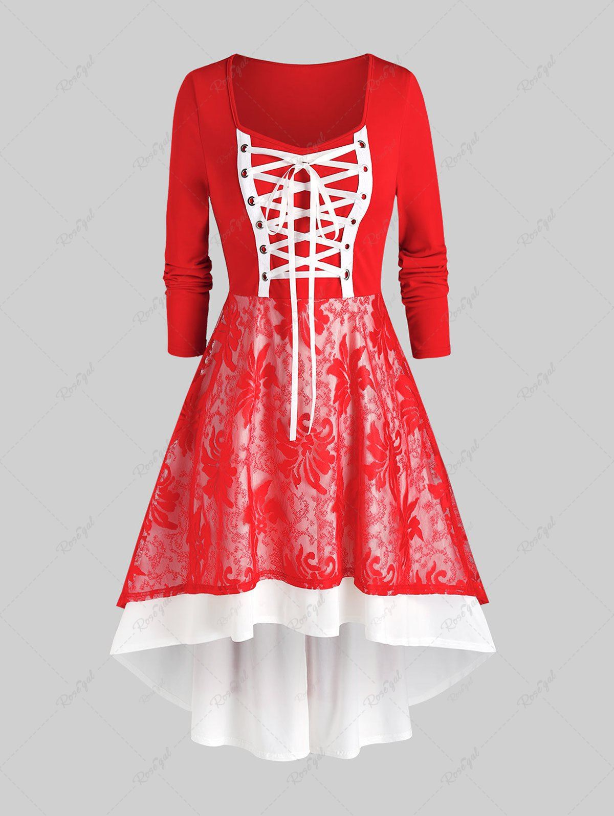 Plus Size Christmas Lace-up Overlay Long Sleeve High Low Midi