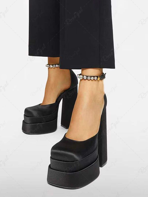 Chic Pair Of Satin Platform Chunky Heels Ankle Strap Pumps Thick Bottom Shoes  