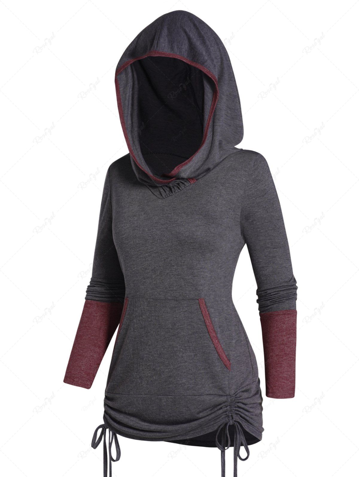 Sweat à Capuche Bicolore avec Poche Kangourou à Manches Longues Gris XXL