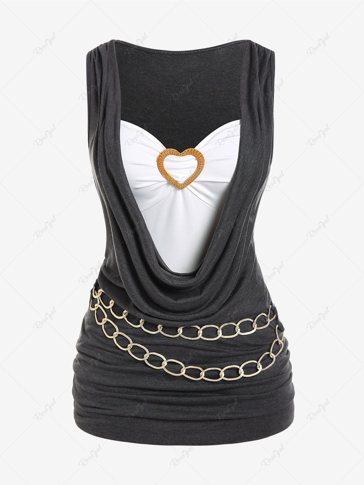 Affordable Plus Size Heart-shaped Ring Cowl Front Chain Embellish Ruched Tank Top  
