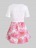 Plus Size Broderie Anglaise O-ring Cropped Tee and Flower Printed Tank Top Set -  