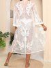 Flower Butterfly Printed Lace See Thru Open Front Full Sleeve Longline Cover-up Top -  