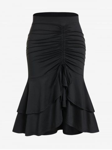 Plus Size Cinched Ruched Layered Flounce Mermaid Midi Skirt - BLACK - 3X | US 22-24
