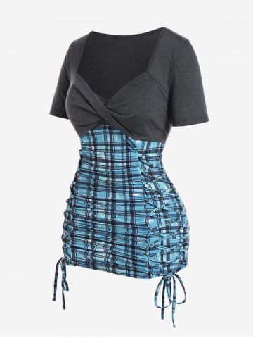 Plus Size Sweetheart Neck Plaid Lace-up Twist Tee - BLUE - 2X | US 18-20