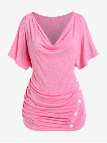 Plus Size Buttons Cowl Neck Ruched Flutter Sleeves Tee - LIGHT PINK - 3X | US 22-24