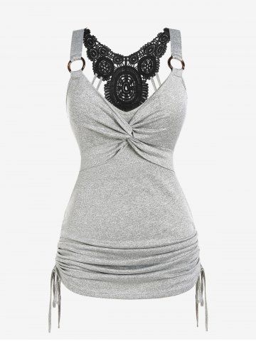 Plus Size Twist Cinched Guipure Lace Ruched Knitted Tank Top - LIGHT GRAY - L | US 12