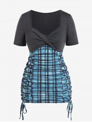 Plus Size Sweetheart Neck Plaid Lace-up Twist Tee
