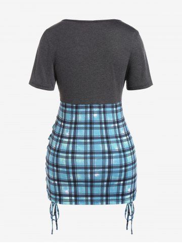Plus Size Sweetheart Neck Plaid Lace-up Twist Tee