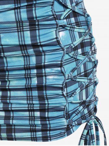 Plus Size Sweetheart Neck Plaid Lace-up Twist Tee