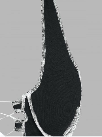 Ribbed Topstitching Lace Up Halter Tank Top