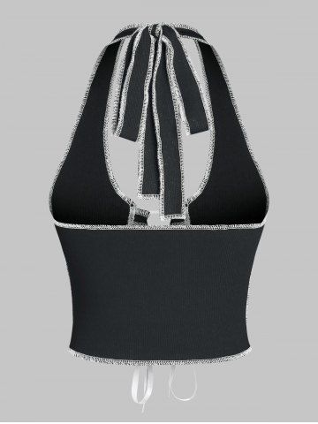 Ribbed Topstitching Lace Up Halter Tank Top
