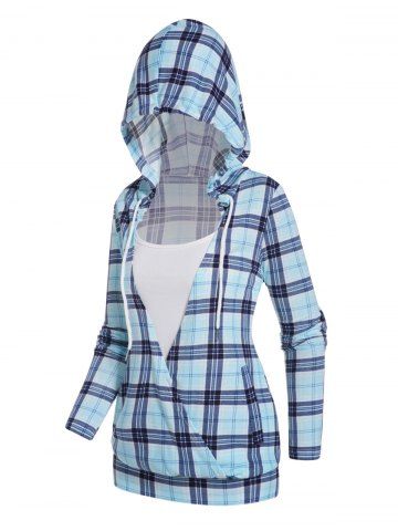 Plaid Print Surplice Drawstring Faux Twinset Hoodie - LIGHT BLUE - M