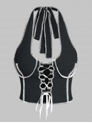 Ribbed Topstitching Lace Up Halter Tank Top -  
