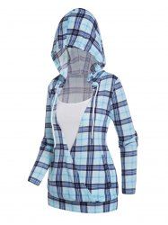 Sweat à Capuche à Carreaux Imprimé à Cordon Faux Deux Pièces - Bleu clair L