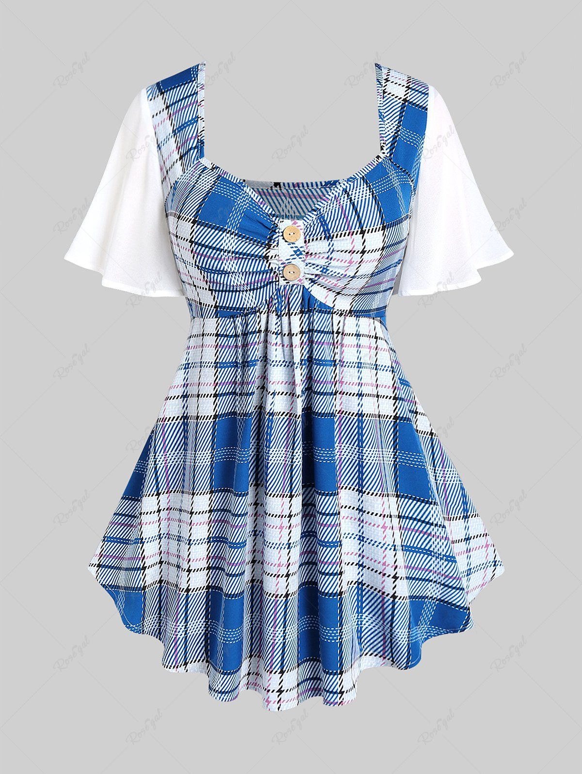 Fashion Plus Size Flutter Sleeves Buttons Plaid Tee  