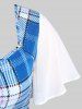 Plus Size Flutter Sleeves Buttons Plaid Tee -  