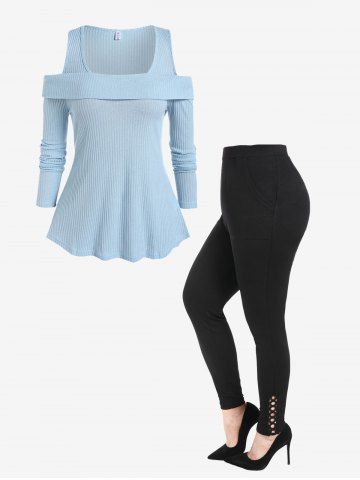 Cold Shoulder Curved Hem Ribbed Sweater and Hollow Out High Rise Leggings with Pockets Plus Size Outerwear Outfit - LIGHT BLUE