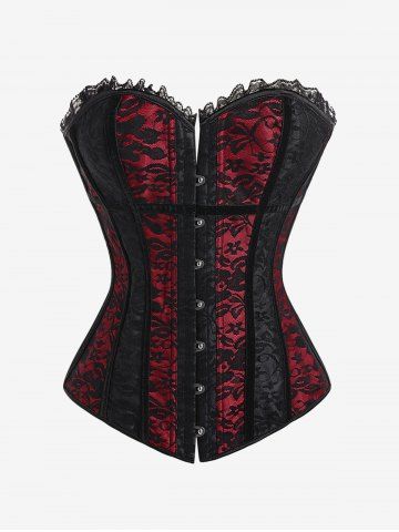 Gothic Lace Overlay Frilled Lace-up Overbust Corset - RED - M