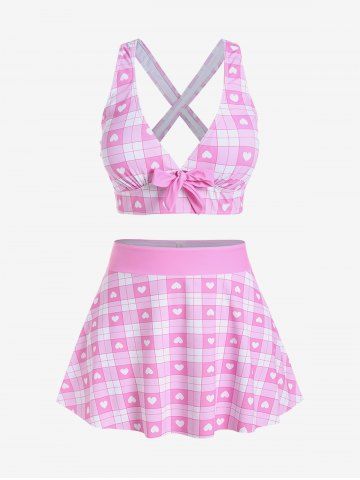 Plus Size Valentines Heart Bowknot Crisscross Padded Three Piece Tankini Swimsuit - LIGHT PINK - L | US 12