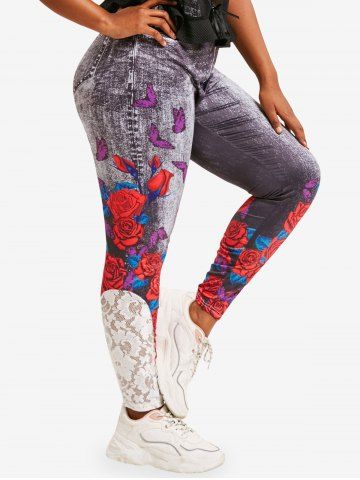 Lace Panel 3D Print Rose Butterfly Plus Size Jeggings