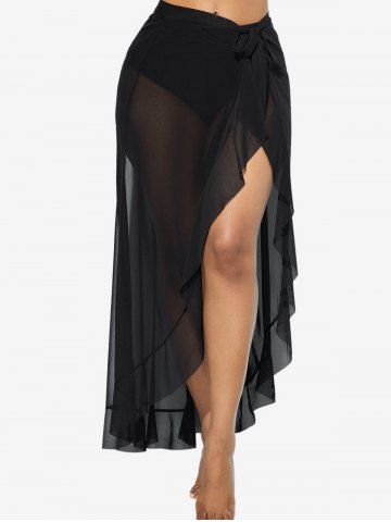 Plus Size Flounce Sheer Mesh Sarong Cover Up and Briefs Swimsuit - BLACK - 2X | US 18-20