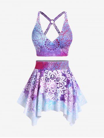Plus Size Ethnic Printed Ombre O-ring Padded Three Piece Skirt Tankini Swimsuit - PURPLE - M | US 10