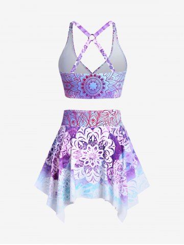 Plus Size Ethnic Printed Ombre O-ring Padded Three Piece Skirt Tankini Swimsuit