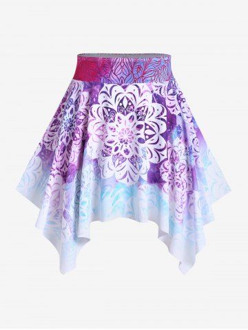 Plus Size Ethnic Printed Ombre O-ring Padded Three Piece Skirt Tankini Swimsuit