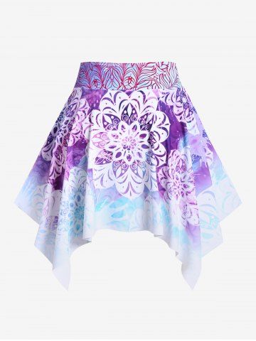 Plus Size Ethnic Printed Ombre O-ring Padded Three Piece Skirt Tankini Swimsuit