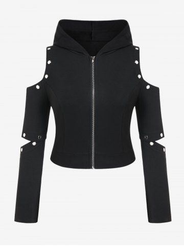 Gothic Grommets Cutout Cold Shoulder Zip Up Hoodie - BLACK - 2X | US 18-20
