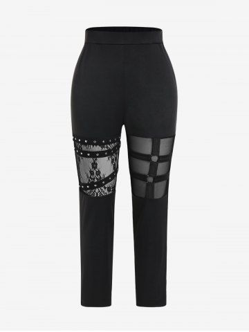 Gothic Lace Panel Mesh Studs Caged Cutout Pull On Pants