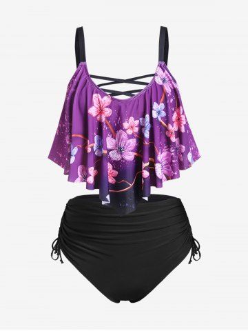 Plus Size Flower Printed Crisscross Flounce Cinched Padded Tankini Swimsuit - PURPLE - M | US 10