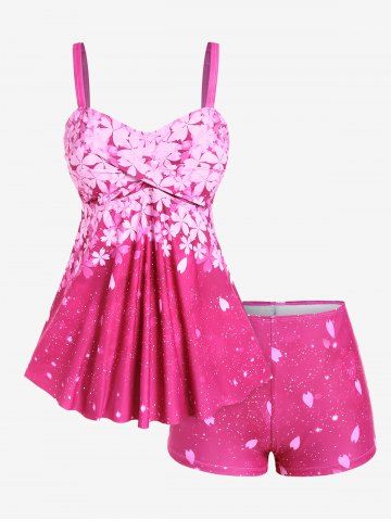 Plus Size Sakura Flower Printed Twist Padded Boyleg Tankini Swimsuit - LIGHT PINK - L | US 12