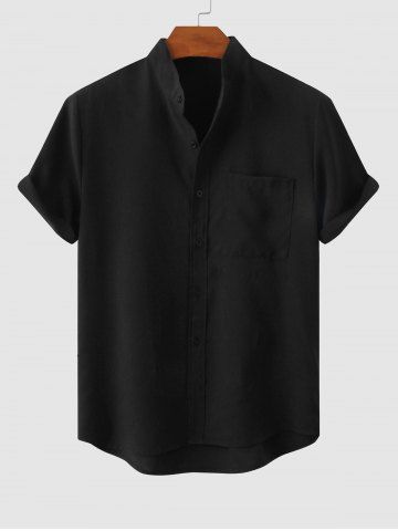 Solid Color Cotton Linen Textured Front Pocket Shirt - BLACK - M