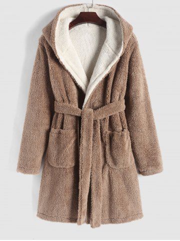 Fuzzy Fleece Reversible Hooded Night Robe - LIGHT COFFEE - XXL