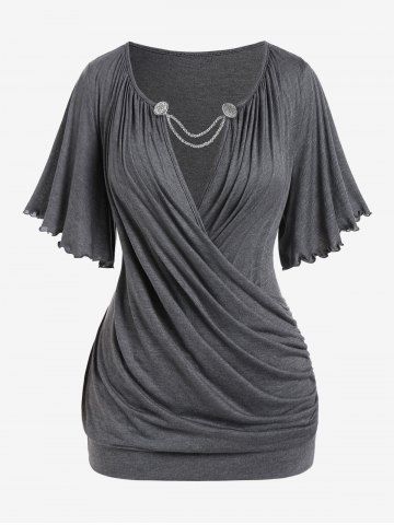 Plus Size Lettuce Ruched Chain Embellished Plunging Blouson Tee - GRAY - 5X | US 30-32