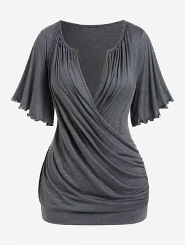 Plus Size Lettuce Ruched Chain Embellished Plunging Blouson Tee