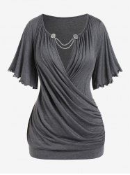 Plus Size Lettuce Ruched Chain Embellished Plunging Blouson Tee -  