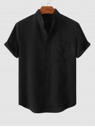 Solid Color Cotton Linen Textured Front Pocket Shirt -  