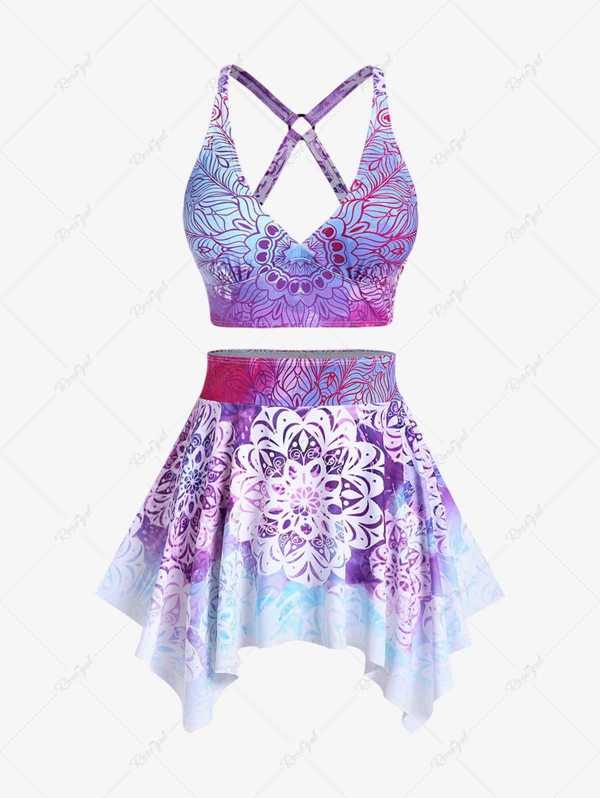 Outfit Plus Size Ethnic Printed Ombre O-ring Padded Three Piece Skirt Tankini Swimsuit  