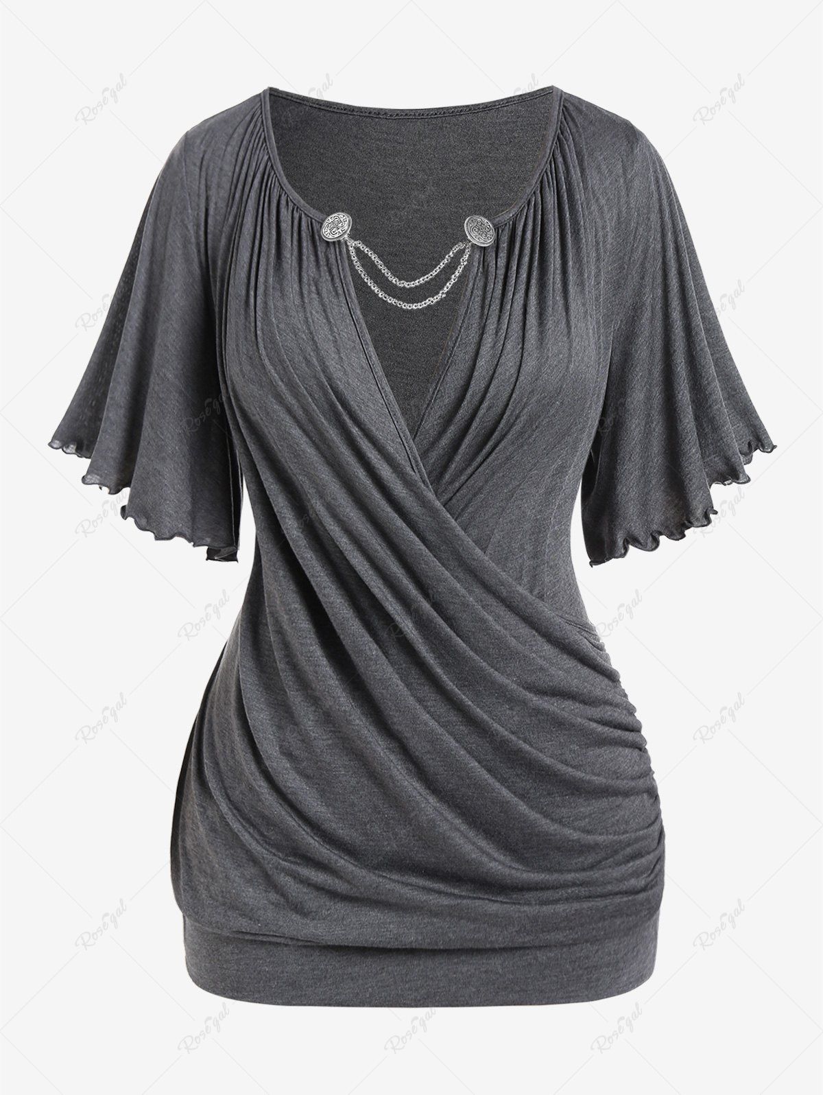 Unique Plus Size Lettuce Ruched Chain Embellished Plunging Blouson Tee  