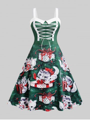Plus Size Lace Up Gift Cat Print Christmas Dress - GREEN - 1X