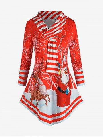 T-shirt Tunique Rayé Père Noël et Cerf Imprimés de Grande Taille - RED - 1X
