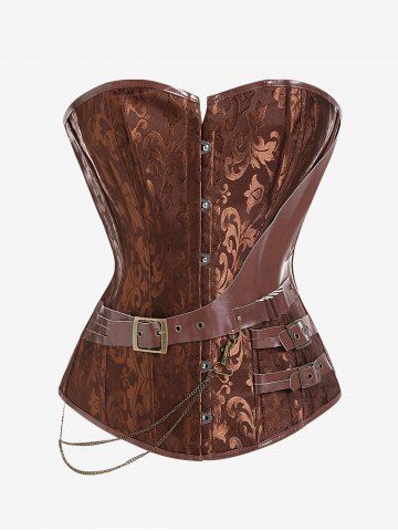 Gothic PU Leather Panel Buckled Chain Embellish Brocade Corset