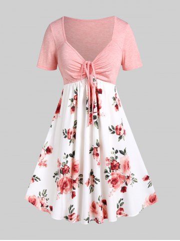 Plus Size Floral Printed Cinched Short Sleeves A Line Dress - LIGHT PINK - 5X | US 30-32
