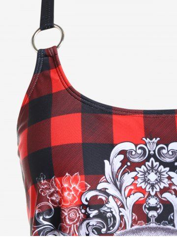 Gothic Skull Plaid Padded Boyleg Strappy Modest Tankini Swimsuit